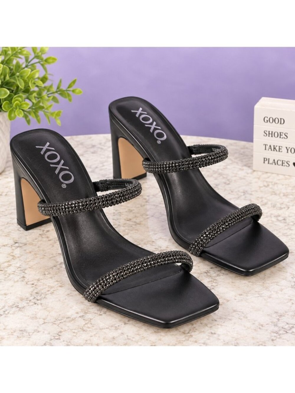 XOXO Black Rhinestone Double Strap Block Heel Sandals Women’s Size 6.5 NWOT
